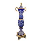 56-Inch Tall Blue Cut Crystal Vase / Urn with Gold Accents on Pedestal Base