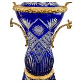 56-Inch Tall Blue Cut Crystal Vase / Urn with Gold Accents on Pedestal Base