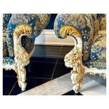 Pair of Ornate Rococo-Style Armchairs with Blue and Gold Upholstery