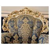 Pair of Ornate Rococo-Style Armchairs with Blue and Gold Upholstery