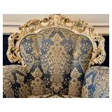 Pair of Ornate Rococo-Style Armchairs with Blue and Gold Upholstery