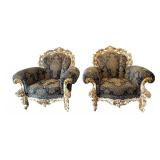 Pair of Ornate Rococo-Style Armchairs with Blue and Gold Upholstery