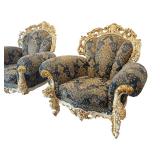 Pair of Ornate Rococo-Style Armchairs with Blue and Gold Upholstery
