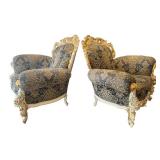 Pair of Ornate Rococo-Style Armchairs with Blue and Gold Upholstery