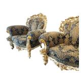 Pair of Ornate Rococo-Style Armchairs with Blue and Gold Upholstery