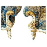 Pair of Ornate Rococo-Style Armchairs with Blue and Gold Upholstery