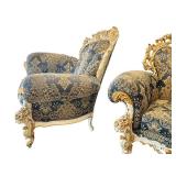 Pair of Ornate Rococo-Style Armchairs with Blue and Gold Upholstery