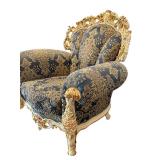 Pair of Ornate Rococo-Style Armchairs with Blue and Gold Upholstery