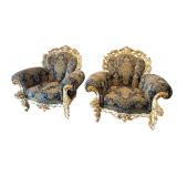 Pair of Ornate Rococo-Style Armchairs with Blue and Gold Upholstery