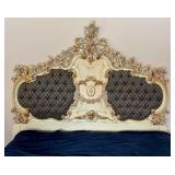Ornate Asnaghi Vintage Upholstered Headboard with Gilt Floral Carvings