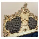 Ornate Asnaghi Vintage Upholstered Headboard with Gilt Floral Carvings