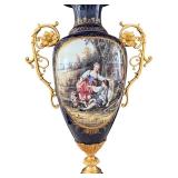 Pair of Dresden Sevres Style Porcelain Urns with Gilt Metal Mounts, 30 Inch Tall