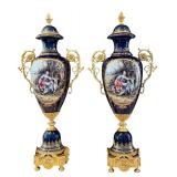 Pair of Dresden Sevres Style Porcelain Urns with Gilt Metal Mounts, 30 Inch Tall