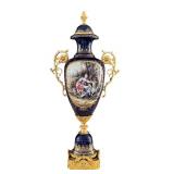 Pair of Dresden Sevres Style Porcelain Urns with Gilt Metal Mounts, 30 Inch Tall