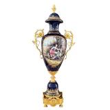 Pair of Dresden Sevres Style Porcelain Urns with Gilt Metal Mounts, 30 Inch Tall