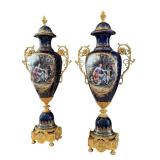 Pair of Dresden Sevres Style Porcelain Urns with Gilt Metal Mounts, 30 Inch Tall