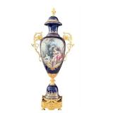 Pair of Dresden Sevres Style Porcelain Urns with Gilt Metal Mounts, 30 Inch Tall