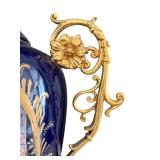 Pair of Dresden Sevres Style Porcelain Urns with Gilt Metal Mounts, 30 Inch Tall