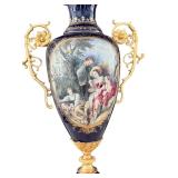 Pair of Dresden Sevres Style Porcelain Urns with Gilt Metal Mounts, 30 Inch Tall