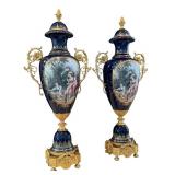 Pair of Dresden Sevres Style Porcelain Urns with Gilt Metal Mounts, 30 Inch Tall