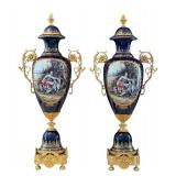 Pair of Dresden Sevres Style Porcelain Urns with Gilt Metal Mounts, 30 Inch Tall