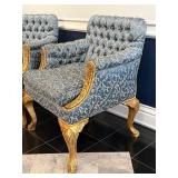Pair of J. Caro Collection Custom Upholstered Armchairs with Gold Accents