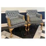 Pair of J. Caro Collection Custom Upholstered Armchairs with Gold Accents