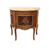 Marble Top Demilune Cabinet with Inlay Floral Panels and Gilt Accents