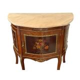 Marble Top Demilune Cabinet with Inlay Floral Panels and Gilt Accents