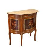 Marble Top Demilune Cabinet with Inlay Floral Panels and Gilt Accents