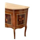 Marble Top Demilune Cabinet with Inlay Floral Panels and Gilt Accents