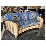 J. Coro Collection Upholstered Sofa with Gold Trim and Blue Baroque Fabric
