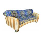 J. Coro Collection Upholstered Sofa with Gold Trim and Blue Baroque Fabric