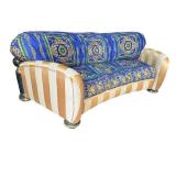 J. Coro Collection Upholstered Sofa with Gold Trim and Blue Baroque Fabric
