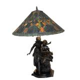 Collestion Francaise Bronze Style Figural Table Lamp with Stained Glass Shade