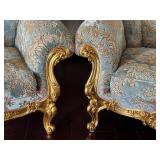 Pair of Ornate Upholstered Armchairs with Carved Gold Frames