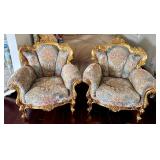 Pair of Ornate Upholstered Armchairs with Carved Gold Frames