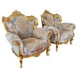 Pair of Ornate Upholstered Armchairs with Carved Gold Frames