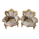 Pair of Ornate Upholstered Armchairs with Carved Gold Frames