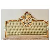 French Style Asnaghi Upholstered King Headboard with Carved Floral Detail