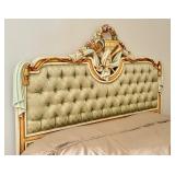 French Style Asnaghi Upholstered King Headboard with Carved Floral Detail