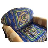 Large Patterned Armchair with Matching Ottoman and Gold Accents, Versace Fabric