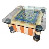Versace Fabric Coffee Table with Glass Top and Painted Wood Accents