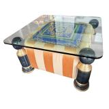 Versace Fabric Coffee Table with Glass Top and Painted Wood Accents