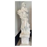 Large Marble Classical Woman Statue with Floral Motif Pedestal / Large Four Seasons Female Statue