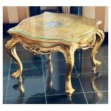 Ornate Gold Gilt Accent Table with Floral Top and Glass Cover
