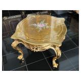 Ornate Gold Gilt Accent Table with Floral Top and Glass Cover