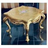 Ornate Gold Gilt Accent Table with Floral Top and Glass Cover