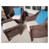 Brown Barrel Wicker Chairs and Ottoman Set, as