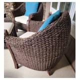 Brown Barrel Wicker Chairs and Ottoman Set, as